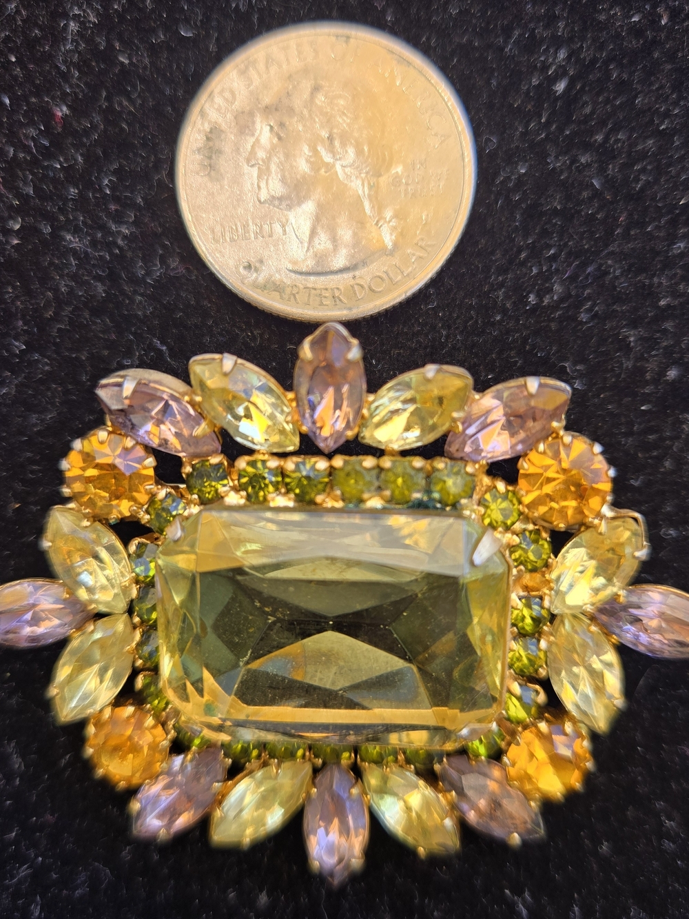 Vintage Gold-Tone Green, Purple and Amber Crystal Brooch